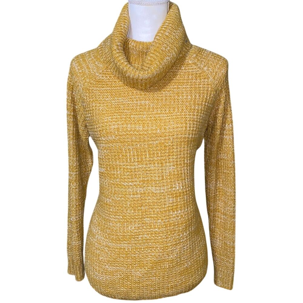 It's Our Time Women's Waffle Knit Mustard Yellow Cowl Neck Size Medium White